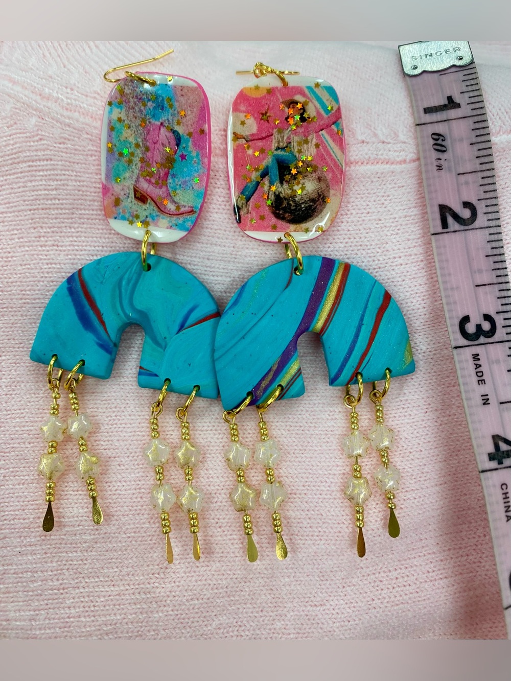 Handmade Blue & Pink Dangle Earrings with Gold Accents